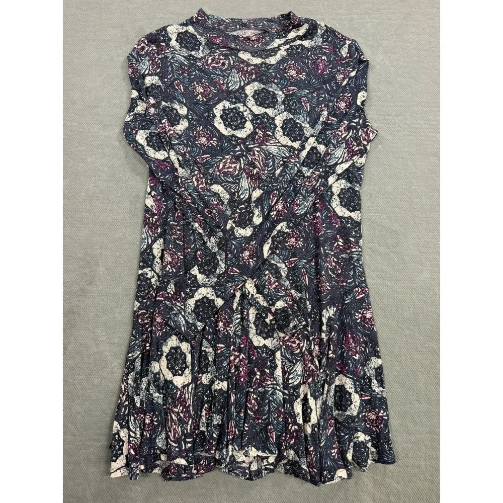 Free People Floral Mini Dress Purple Navy Mock Neck Open Back Boho Womens Size M